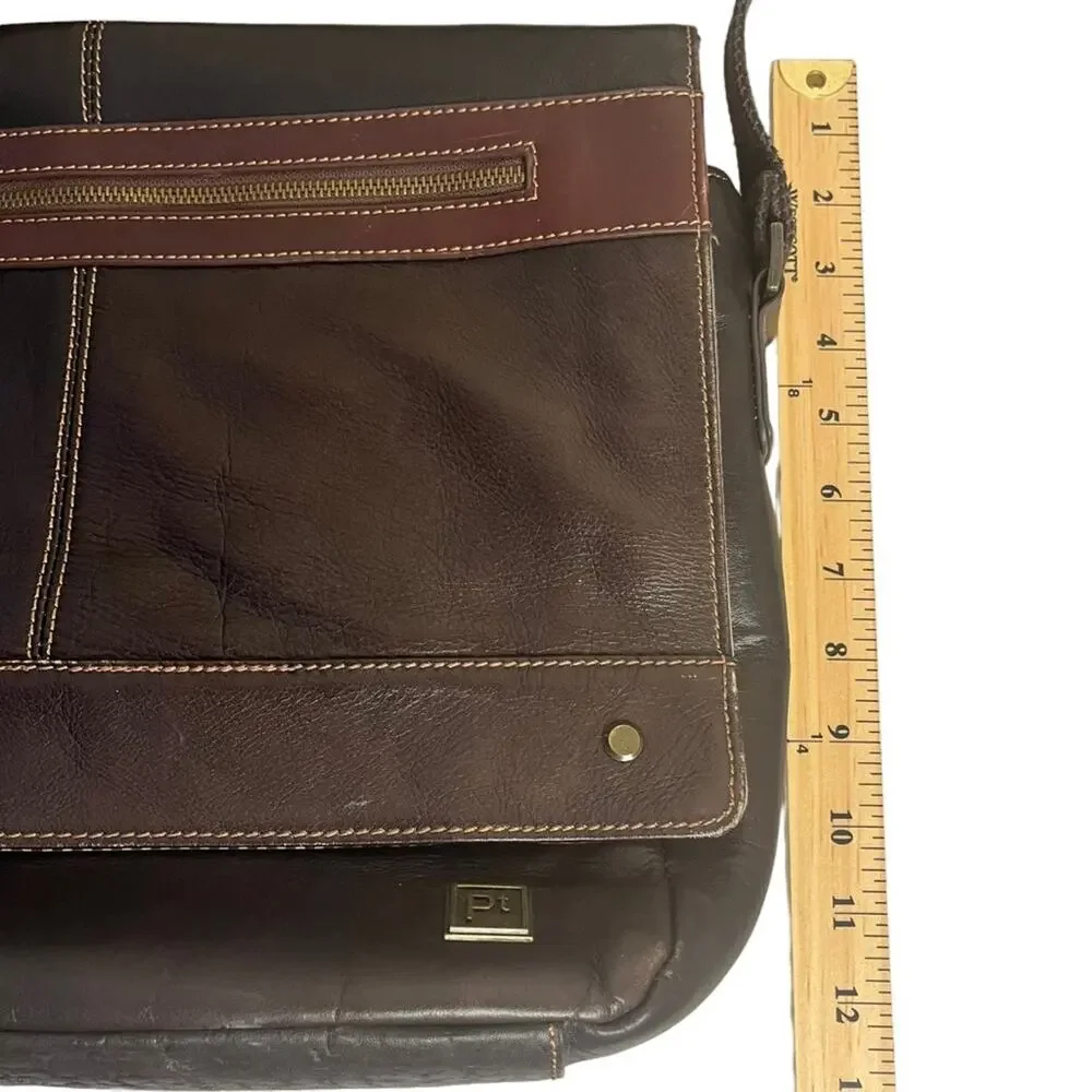 Brown leather messenger laptop crossbody bag